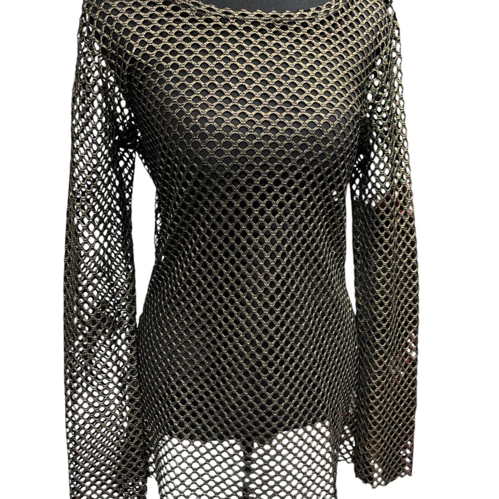 Fashion Nova Black and Gold Mesh long sleeve Top size XL